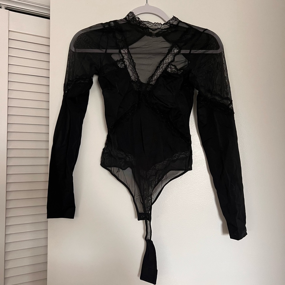 Thistle and Spire Black Lace Long-Sleeve Sheer Bodysuit